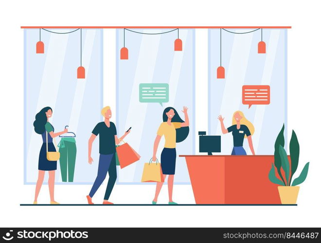 People shopping in store and waiting in line or queue flat vector illustration. Cartoon seller standing and greeting customers. Sale, discount and special offer concept
