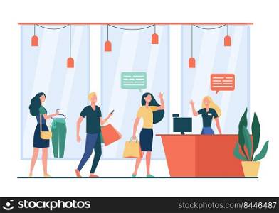 People shopping in store and waiting in line or queue flat vector illustration. Cartoon seller standing and greeting customers. Sale, discount and special offer concept