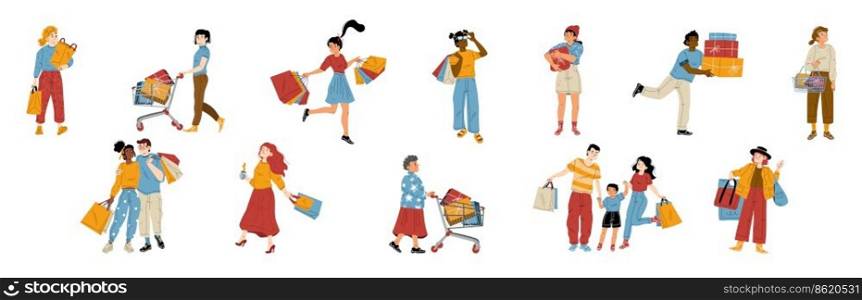 People shopping in store, mall or market. Diverse characters with bags, cart and package boxes, family with kid, couple, elder woman, men and girls with purchases, vector hand drawn illustration. People shopping in store, mall or market
