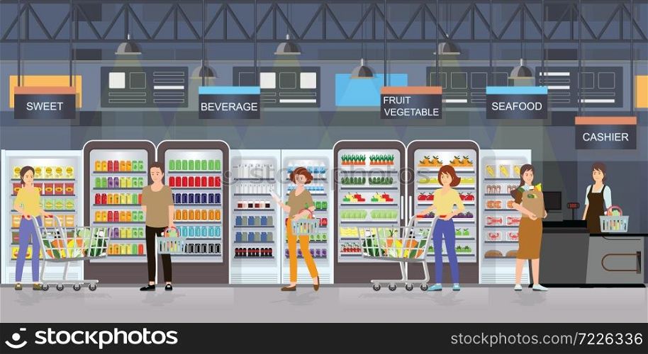 People shopping in supermarket interior with goods on shelves and counter cashier, big shopping mall vector illustration.