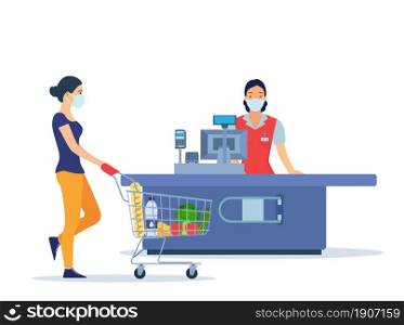 People Shopping in supermarket. woman cashier in supermarket. Cash register, Cashier and buyer with cart. face mask. Vector illustration in flat style. People Shopping in supermarket.