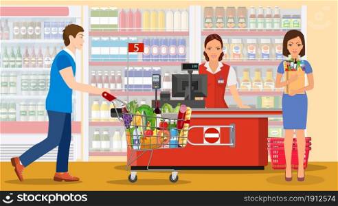 People Shopping in supermarket. woman cashier in supermarket. Cash register, Cashier and buyer with cart. woman hold grocery paper. Vector illustration in flat style. People Shopping in supermarket.