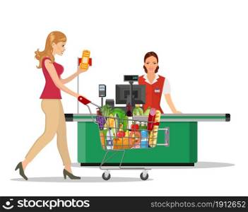 People Shopping in supermarket. woman cashier in supermarket. Cash register, Cashier and buyer with cart. Vector illustration in flat style. People Shopping in supermarket.