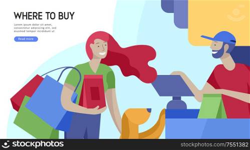 People Shopping in supermarket. Woman in supermarket with cashier, where to buy concept of customer and shop assistant. Selling interaction, purchasing process. Creative landing page design template. People Shopping in supermarket. Woman in supermarket with cashier, where to buy concept of customer and shop assistant. Selling interaction, purchasing process. Creative landing page