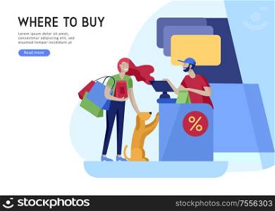 People Shopping in supermarket. Woman in supermarket with cashier, where to buy concept of customer and shop assistant. Selling interaction, purchasing process. Creative landing page design template. People Shopping in supermarket. Woman in supermarket with cashier, where to buy concept of customer and shop assistant. Selling interaction, purchasing process. Creative landing page