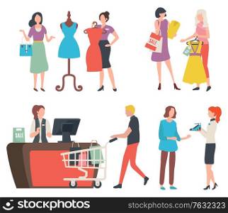People shopping, isolated cashier counter and client with trolley and purchases. Fashion advisor and customer, dress on mannequin, shoes offer. Vector illustration in flat cartoon style. People at Store Buying Clothes, Cashier and Client
