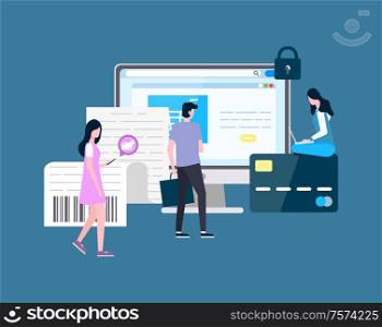 People shopping online man looking at laptop screen vector. Female with cart, trolley icon on mobile phone, monitor of computer website with info. People Shopping Online Man and Woman Users Shop