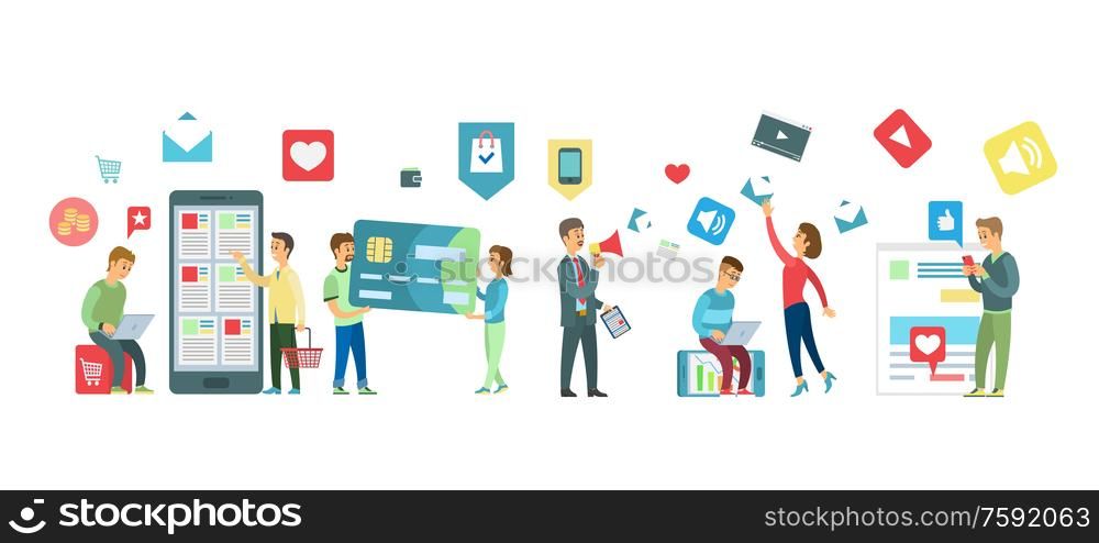 People shopping online vector, man and woman with credit card flat style. Ecommerce and quick purchases, consumerism clients buying from internet shops. Online Shopping People Looking at Gadgets Set