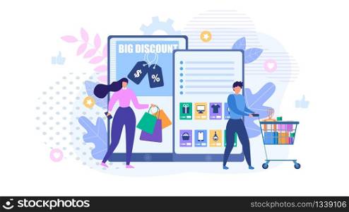 People Shopping Online with Discount Metaphor Cartoon Advert. Man Pushing Cart full of Goods and Woman Holding Handbags Stand near Two Huge Phone Screens. Vector Flat Natural Illustration. People Shopping Online Metaphor Cartoon Advert