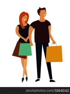 People shopping together couple of man and woman carrying paper bags in hands vector male and female with reusable packagings happy of purchases and bought items form supermarket stores shops.. People shopping together couple of man and woman