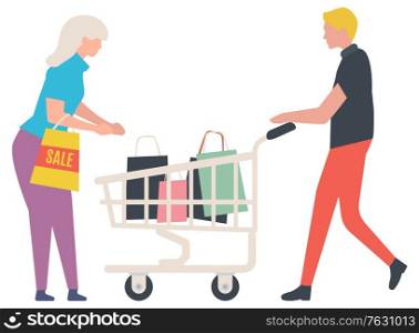 People shopping together in supermarket, man and woman with cart loaded with bags and packages. Grandmother with grey hair helping son character on season sale. Vector illustration in cartoon style. Grandmother and Son with Shopping Trolley Vector