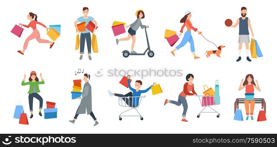 People shopping vector, woman walking with pet holding packages from shops, isolated set. Singing man, male sitting in cart smiling, lady shopaholic. Shopping People Man and Woman Carrying Bags Set