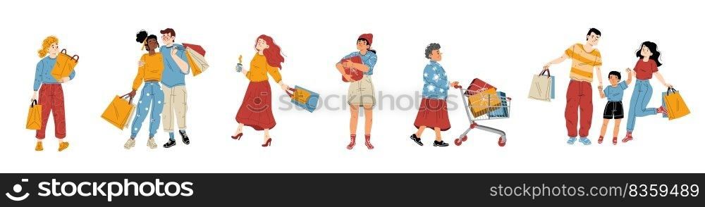 People shopping, visitors with trolley and paper bags buying purchases in shop, mall or boutique isolated set. Men, women and kids customers purchasing in store Cartoon linear flat vector illustration. People shopping isolated set, visitors with bags
