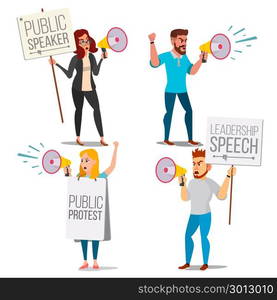 People Shouting Through Loud Speaker Vector. Leadership Speech. People On Strike. Demonstration Concept. Isolated Flat Cartoon Illustration. People Shouting Through Megaphone Vector. Public Protest. Social Activist. Loud Announcement. Demonstration, Protest, Strike, Speech Concept. Isolated Flat Cartoon Illustration