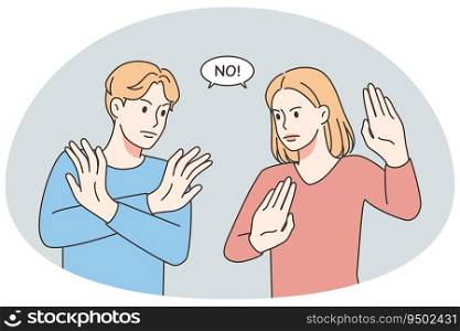 People show No gesture protest about something. Man and woman demonstrate Stop hand gesture reject offer or suggestion. Vector illustration.. People showing no gesture