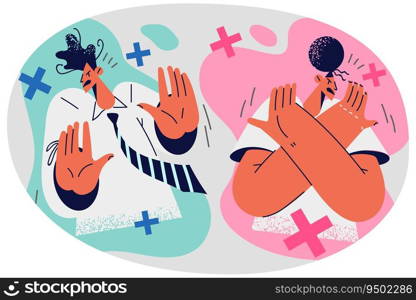 People show no gesture sign reject offer or suggestion. Man and woman use body language to demonstrate rejection or dismissal. Vector illustration.. People show No gesture sign