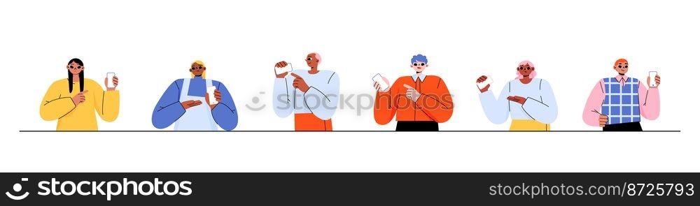 People show screen of phone. Men and women point on empty display of mobile, male and female characters presenting smartphone apps. Connection, advertisement concept, Linear flat vector illustration. People show screen of phone, connection, advert