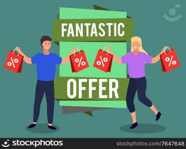 People showing purchase on sale. Promotional banner with stripes. Fantastic offer for shoppers. Happy clients with bags. Man and woman holding package with product bought with discounts vector. Fantastic Offer Promotional Banner with Clients