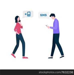 People side view, communication with wireless device phone, woman going and talking on smartphone, man tapping message, incoming call and sms vector. Communication with Phone, Sms and Call Vector