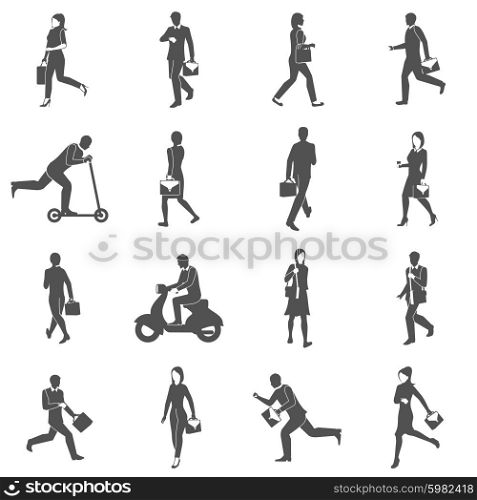 People Silhouettes Going To Work . Black icons set with people silhouettes going to work by foot scooter and motorcycle isolated vector illustration