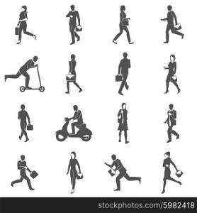 People Silhouettes Going To Work . Black icons set with people silhouettes going to work by foot scooter and motorcycle isolated vector illustration