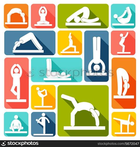People silhouettes in yoga poses fitness workout icons set flat isolated vector illustration