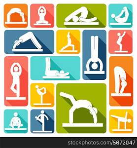 People silhouettes in yoga poses fitness workout icons set flat isolated vector illustration