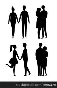 People silhouettes isolated young couple in love. Vector hugging man and woman, embracing lovers monochrome teenagers. Young and middle age males and females. People Silhouettes Isolated Young Couple in Love