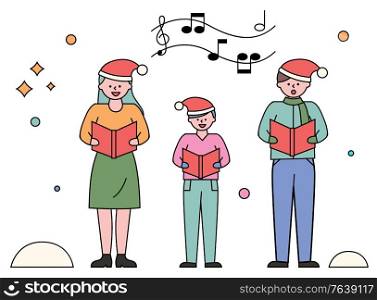 People singing carols on christmas vector. Family wearing santa hats holding sheet notes. Musical performance of man and woman with kid. Parents and child on xmas celebration chorus of characters. Carol Singing Family Performing Songs on Xmas