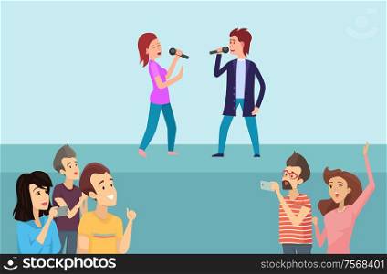 People singing song on blue scene with microphone, smiling dancing people recording show near stage. Karaoke party, cheerful group with hands up vector. People Singing Song and Recording Show Vector