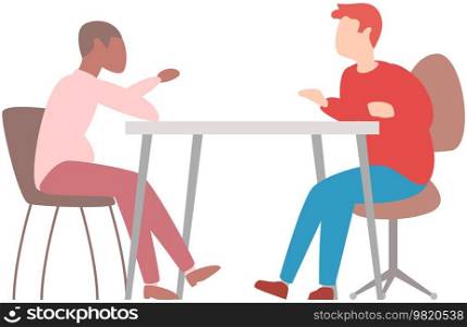 People sit at table and communicate. Colleagues spend time together during work or rest. Characters discussing in cafe or workplace. Working meeting, communication, dialogue, conversation concept. People sit at table and communicate. Colleagues have meeting, conversation during work or rest