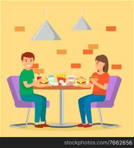 People sit by table in fast food restaurant. Friends or couple eating out in cafe. Table with meals like burgers, fries and soda. Kitchen or cafeteria interior. Vector illustration in flat style. Man and Woman, Couple Eat Fast Food in Cafeteria