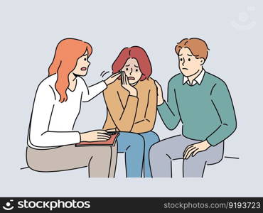 People sit in circle share problems in group therapy. Participants comfort support unhappy crying woman at counseling session. Vector illustration. . People support unhappy woman at group therapy 
