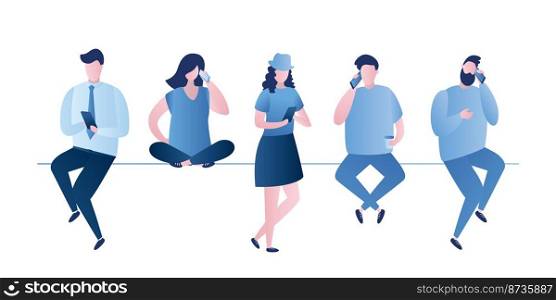 People sit in different poses,male and female characters with smartphones,calls and chatting with smart gadgets,trendy style vector illustration