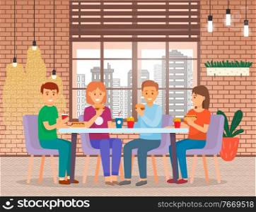People sit in fast food cafe for lunch. Friends spending time and eating out together. Table with meal like hot dog, burger and soda. Room interior with urban view from window. Vector illustration. Friends Eat Fast Food and Spend Time Together