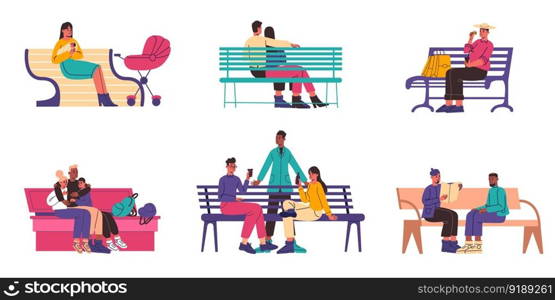 People sit on bench. Cute citizens rest on city seats different types. Happy friends meeting in park. Young mothers together with children outdoor. Couples in love. Vector isolated walking persons set. People sit on bench. Cute citizens rest on city seats different types. Friends meeting in park. Young mothers together with children outdoor. Couples in love. Vector walking persons set