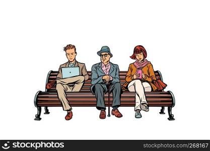people sit on the bench. pensioner, woman and man. Pop art retro vector illustration kitsch vintage. people sit on the bench. pensioner, woman and man