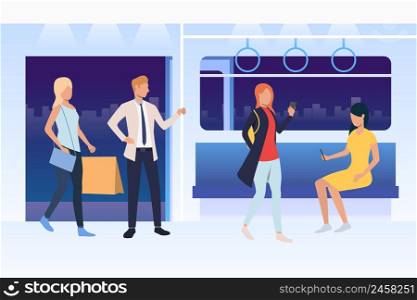 People sitting and standing in subway train. Passengers using smartphones, holding bags. Public transport concept. Vector illustration can be used for topics like commuting, metro, city