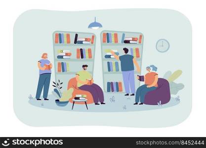 People sitting at bookshelves and reading books in bookstore. Students studying in library. Vector illustration for knowledge, bookworm, literature, education concept