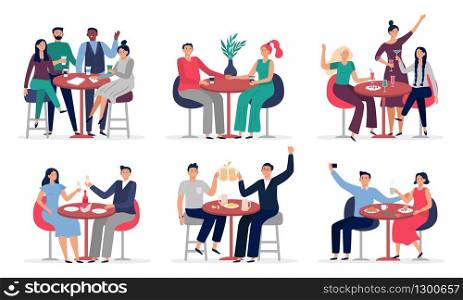 People sitting at cafe table. Couples in love on date, cafe meeting with friends vector illustration set. People in restaurant or cafe, couple talking. People sitting at cafe table. Couples in love on date, cafe meeting with friends vector illustration set