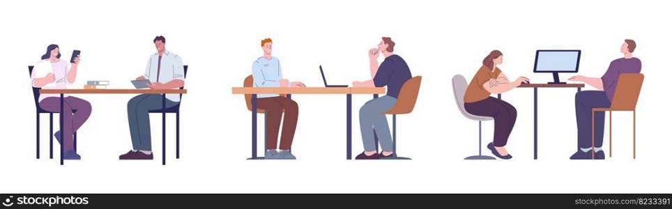 People sitting at table and working. Job interview, social worker with client, office managers. Vector cartoon flat professional business characters of office work job illustration. People sitting at table and working. Job interview, social worker with client, office managers. Vector cartoon flat professional business characters