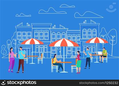 People Sitting at Tables with Umbrellas, Drinking Coffee or Tea, Talking on Blue Background with Outline Cityscape. Men and Women Characters Relaxing at Outdoor Cafe. Cartoon Flat Vector Illustration. Men and Women Characters Relaxing at Outdoor Cafe