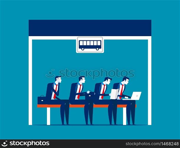 People sitting at the bus stop; Concept business vector illustration; Flat business cartoon; Transportation; Station; Salary people; Passenger.