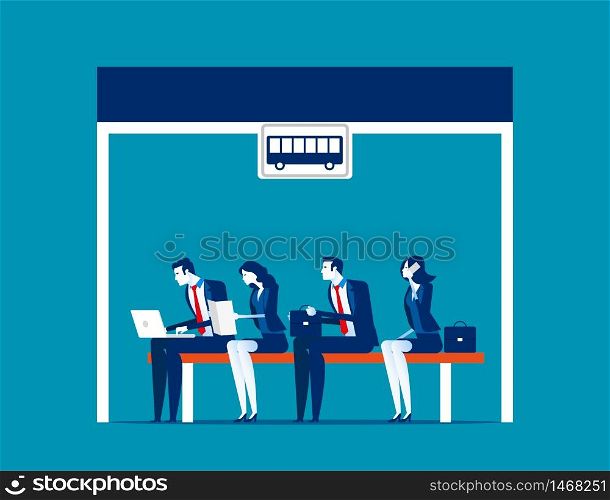 People sitting at the bus stop; Concept business vector illustration; Flat business cartoon; Transportation; Station; Salary people; Passenger.