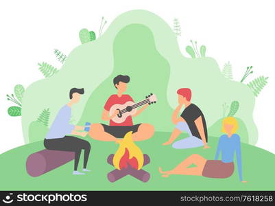 People sitting by bonfire vector, man playing guitar friends sitting on wooden log. Personage musician with musical instrument, musician by fire camping. Friends Gathered to go Camping Characters by Fire