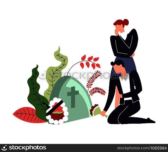 People sitting by gravestone of deceased person wreath and flowers in bloom vector cross on tombstone cemetery place with man and woman crying over dead body buried in coffin mourning lady guy.. People sitting by gravestone of deceased person wreath and flowers