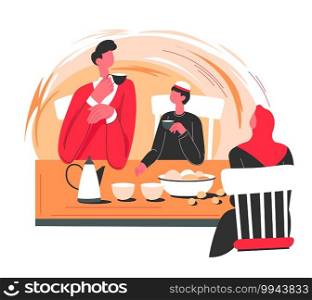 People sitting by table, eating sweets and talking at home. Muslim characters communicating in diner or restaurant. Arabic country traditions, woman wearing hijab clothes. Vector in flat style. Muslim characters drinking tea or coffee by table