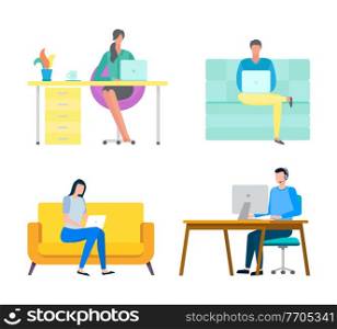 People sitting by tables working online vector, man and woman with laptops, programmers and coders doing tasks and developing business project base. Woman and Man Working From Home, Freelancers Set