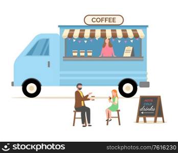 People sitting by truck with coffee sign vector, man and woman on date drinking beverage, seller with different types of drinks, street shop flat style. Coffee Shop, Customers Drinking Delicious Latte