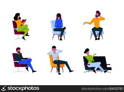 People sitting. Characters on chairs sitting at psychotherapy consultation group of persons on sofa garish vector templates in flat style. Illustration of character on therapy session. People sitting. Characters on chairs sitting at psychotherapy consultation group of persons on sofa garish vector templates in flat style